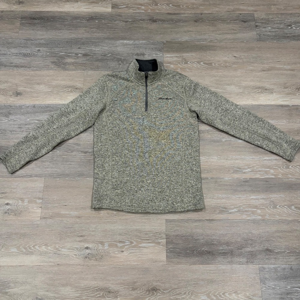 Eddie Bauer Mens Quarter Zip Fleece Pullover Sweater Heather Green Gray Marl L - Picture 2 of 6